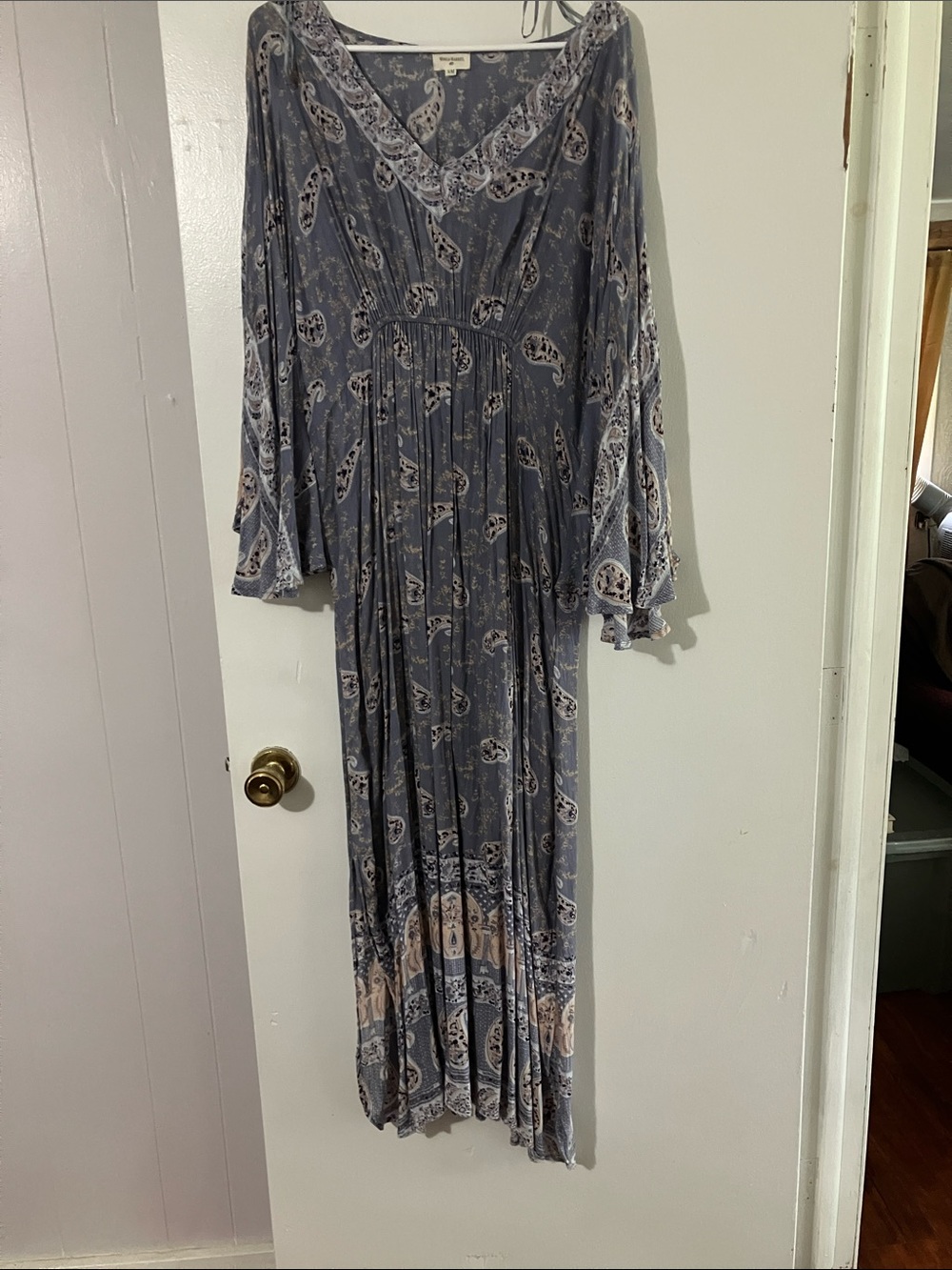World Market Dusty Blue Paisley Maxi Dress with Cream Accents